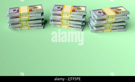 Große Geldstapel aus Dollar. Konzept der US-Dollar-Finanzierung. 3D Rendern Stockfoto