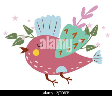 Rosafarbener Vogel mit bunten Blättern und Sternen. Frühling und Sommer Konzept.Helle magische Illustrationen für Ihre als Erstellung Karte, Banner, Geburtstag und andere Feiertage.Vektor. Stock Vektor