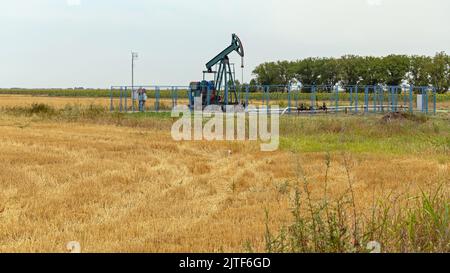 Pumping Oil Well Pump Jack bei Agriculture Field Pumpjack Stockfoto