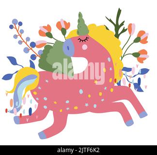 Helles Einhorn mit buntem Schwanz, Blumen und Blättern. Fantastisches Einhorn im flachen Stil. Feenpferd für Ihr Design. Vektorgrafik Stock Vektor