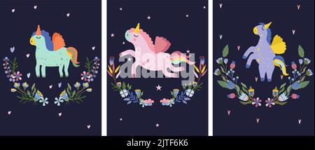 Hintergrund mit niedlichen Einhorn in Kranz helle Blumen und Blätter. Fairy Unicorn, kann als Erstellung von Karte, Banner, Geburtstag und andere Feiertage verwendet werden. Vektorgrafik. Stock Vektor