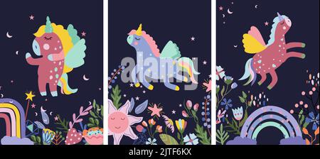 Sammlung niedliche Einhörner mit bunten Blumen und Blättern, Sonne, Regenbogen und andere. Fantastisches Einhorn.Helle Komposition für Ihr Design. Vektorgrafik Stock Vektor