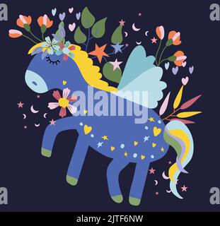 Hintergrund mit niedlichen Einhorn, bunten Blumen und Blättern. Fantastisches Einhorn. Fairy Kompositionen können als Erstellung von Karte, Banner, Geburtstag und andere Feiertage verwendet werden. Vektorgrafik. Stock Vektor