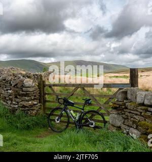 Specialized Roubaix Expert Rennrad, das sich gegen ein Farmtor lehnt und nach Norden in Richtung Calf Top Fell und Caslte Knot, Cumbria, Yorkshire Dales Nationa blickt Stockfoto