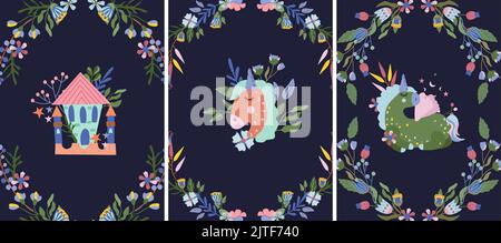 Hintergrund mit niedlichen Einhorn, Prinzessin Burg, Kopf Porträt Pferd, Blätter und Blumen um. Fairy Zusammensetzung, kann als Erstellung von Karte, Banner, Geburtstag und andere Feiertage verwendet werden.Vektor-Illustration. Stock Vektor