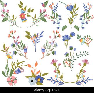 Set von Kompositionen mit Wildblumen und bunten Blättern. Blumenstrauß im flachen Stil. Helle Kompositionen können als Kreation von Karten, Bannern und anderen Feiertagen verwendet werden. Vektorgrafik. Stock Vektor