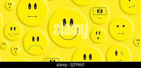 Niedliches Emoji-Set. Gelbe Gesichter, die Emoticons und Gefühle ausdrücken. Stockfoto