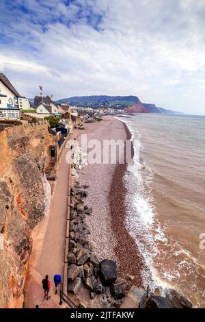 Blick vom West End auf die Promenade und den Strand mit Blick nach Osten. Außerhalb der Saison in Sidmouth South Devon England Stockfoto