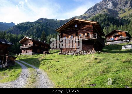 Sommerabend im Holzhausdorf Oberstalleralm in Innervillgraten, Villgratental, Osttirol, Tirol, Österreich Stockfoto