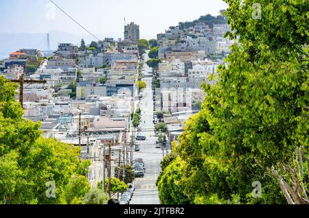 Ein Blick nach Osten auf die Lombard Street in San Francisco, Kalifornien, vom biegsamen Teil der Straße auf einen langen, geraden Abschnitt weiter unten. Stockfoto