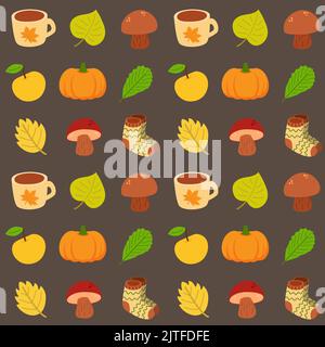 Nahtloses Muster mit verschiedenen Herbstelementen. Herbstmodekollektion. Niedlicher Druck für Textil, Geschenkpapier, Kleidung, Tapete. Niedlicher Hintergrund Stock Vektor