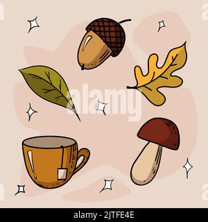 Aufkleber auf dem Herbst-Themenbecher Eichelblätter und Pilze rund um den Stern Stock Vektor