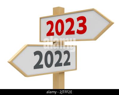 Straßenschild mit 2022-2023 Änderung auf weißem Hintergrund stellt die neue 2023, dreidimensionale Darstellung, 3D Abbildung Stockfoto