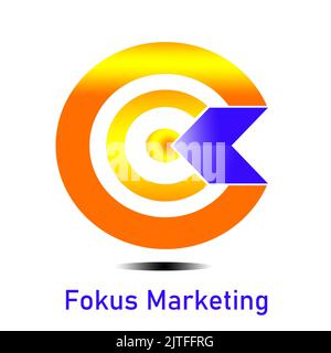 Ein bebildertes Logo in Form von Kreisen und ein Pfeil mit einem Schriftzug Fokus Marketing Stockfoto