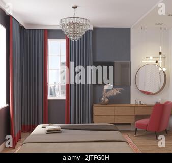 Schlafzimmer mit Fenster, klassisch, mit Doppelbett, Nachttisch, Gemälde, Blaugraue Wand. 3D Schlafzimmer Render Stockfoto