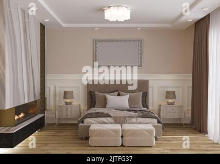 Stilvolles Schlafzimmer in hellen Farben mit Kamin und Nachttischen, Wandpaneel, Silbermalerei, 3D Render Schlafzimmer Stockfoto