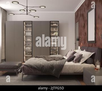 Modernes Schlafzimmer mit Bett, Kleiderschrank, braungoldene Wand, Wandleuchte, Loft-Kronleuchter, Wandposter, Holzboden. Bild an der Wand. 3D Rendern Stockfoto