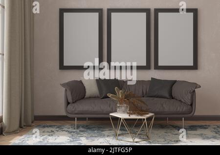 Sofa im Wohnzimmer mit Fenster, Bild und Teppich Stockfoto