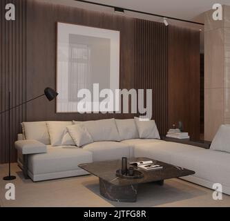 Sofa im Wohnzimmer mit Fenster, Bild und Teppich Stockfoto