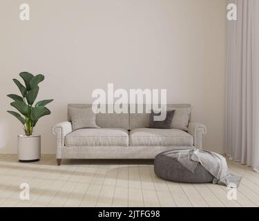 Stilvolles Zimmer in hellen Farben mit Sofa. Skandinavische Innenausstattung. 3D Rendern Stockfoto