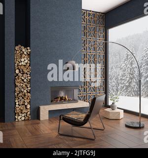 Kamin in der Halle mit Panoramafenster und Sessel mit Stehlampen, Brennholz, Holzboden, dekorative Wand, Tisch. Moderne Kamin eingebaute Wand. Stockfoto