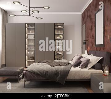 Schlafzimmer mit brauner und goldener Wand, Poster, Wandleuchte, Teppich, Master-Bett, Einrichtung, Nachttische, Holzboden, modern, Loft, 3D Rendern Stockfoto