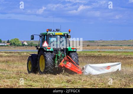 John Deere Traktor 6400 mit Scheibenmäher, der im Sommer Gras/Wiese in Waterdunen, Naturschutzgebiet bei Breskens, Zeeland, Niederlande, mäht Stockfoto