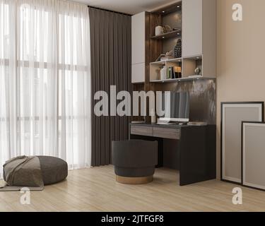 3D Rendern. Arbeitsplatz in der Nähe des Fensters, Wand mit Regalen und Tisch, Beleuchtung in den Regalen, Arbeitsbereich. Pouf und leere Bilder. 3D Rendern Stockfoto