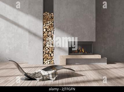 3D Rendern. Interieur des modernen Wohnzimmers mit grauen Wänden, Holzboden, Kamin und Sessel. 3D Abbildung Stockfoto