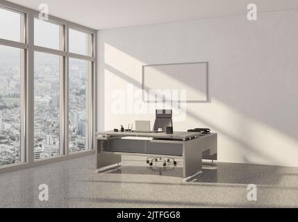 3D Abbildung. Moderne Büroausstattung. Weißes Poster an der Wand. CEO's Desk. Stadtblick, Panoramafenster. Stockfoto