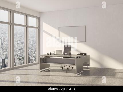 3D Abbildung. Moderne Büroausstattung. Weißes Poster an der Wand. CEO's Desk. Stadtblick, Panoramafenster. Stockfoto