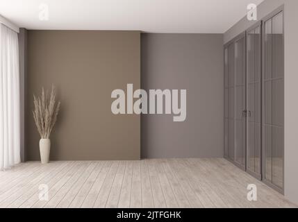 3D Abbildung. Leerer Innenraum mit Fenster und Glastür Trennwand. Stockfoto