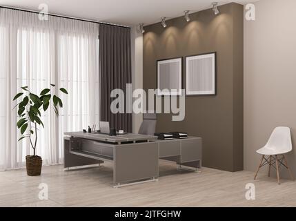 3D Rendering des modernen Büroinnenraums. Bürosekretär. Weißes Poster an der Wand. CEO's Desk. 3D Abbildung. Stockfoto