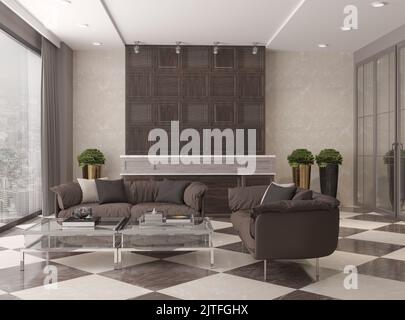 3D Rendering des modernen Büroinnenraums. Flur mit Rezeptionstresen. Moderne Hotelhalle mit Rezeptionstisch und Blick auf die Stadt. 3D Abbildung. Stockfoto