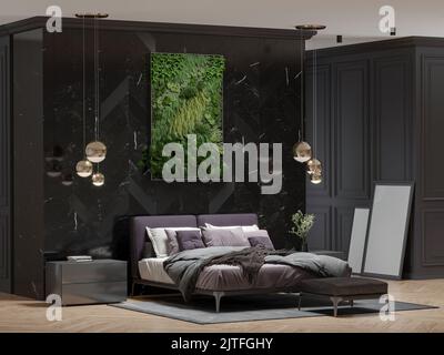 3D Darstellung des Schlafzimmers im dunkelschwarzen und grauen Stil. Gemütliches Schlafzimmer mit weichem Bett. Fitowall und Holzboden. 3D Abbildung. Stockfoto