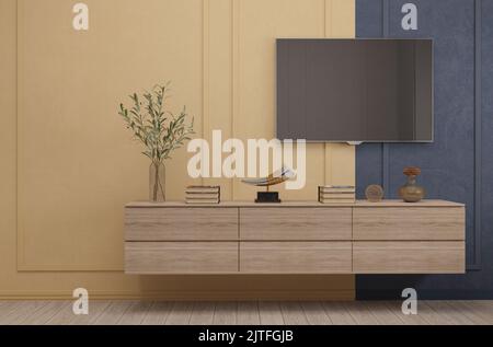 3D Abbildung. Smart TV Mockup im modernen Wohnzimmer mit Tisch, Blumen und Büchern auf gelbblauem Wandhintergrund, 3D Rendering Stockfoto