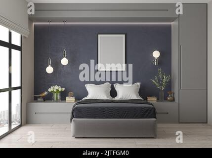 3D Rendering, 3D Illustration. Schlafzimmer Im Innenbereich. Skandinavischer Stil. Blaue Stuckwand. Integrierter Kleiderschrank. Stockfoto