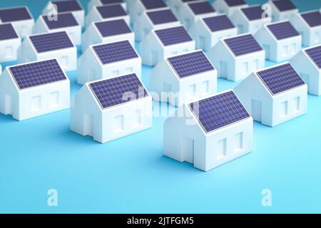 Solaranlage mit Solarpaneelkonzept. Eine Gruppe von Modellhäusern mit Solarpanel auf dem Dach. Stockfoto