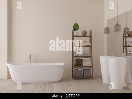 Modernes Badezimmer und Loft mit weißer Wand. 3D Rendern Stockfoto