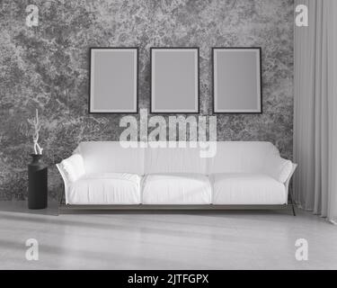 3D Abbildung. Minimalistisches Interieur in Schwarz und Weiß, Wohnzimmer mit Sofa, Vasen auf dem Boden, Gemälde an der großen Wand. Weißes Sofa gegen ein Stockfoto