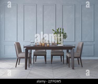 Stilvolles Wohnzimmer mit Esstisch, Blumenvase, Wände mit Zierleisten, klassisches Interieur, 3D Render Stockfoto