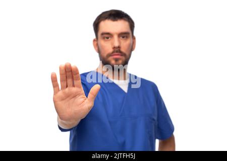 Arzt oder Krankenschwester zeigen Stoppgeste Stockfoto