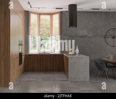 3D Abbildung. Das Innere der Küche-Wohnzimmer im Privathaus, Granitboden, Betonwand, Holz-Beton-Möbel. Uhr an der Wand. Abendessen Stockfoto