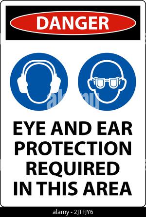 Vorsicht Augen- und Gehörschutz erforderlich, Schild auf weißem Hintergrund Stock Vektor