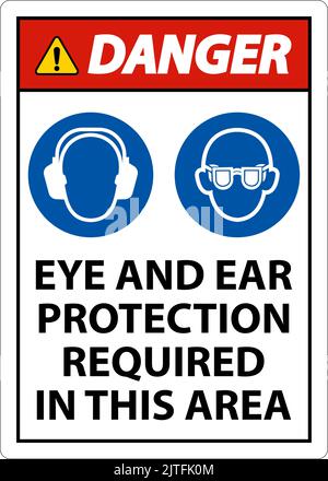 Vorsicht Augen- und Gehörschutz erforderlich, Schild auf weißem Hintergrund Stock Vektor