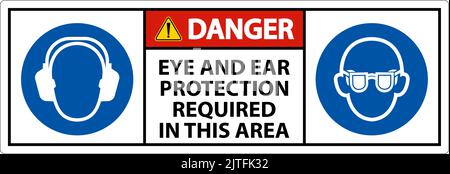 Vorsicht Augen- und Gehörschutz erforderlich, Schild auf weißem Hintergrund Stock Vektor