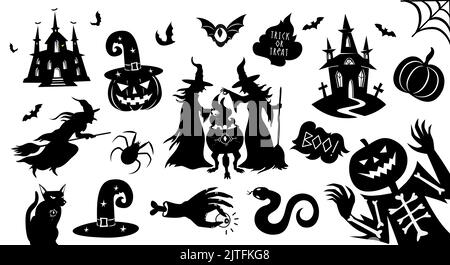 Set aus schwarzen Halloween-Silhouetten. Sammlung von Halloween-Themen in schwarz auffälligen Grafik-Stil mit Hexen, Kürbissen, gruselige Charaktere. Vektor Stock Vektor