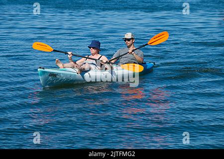 Ein paar gemütliche Kajaks auf dem Bass River in Dennis, Massachusetts auf Cape Cod, USA Stockfoto