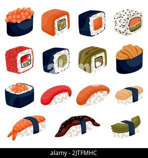 Frisches Sushi-Set, isoliert auf weißem Hintergrund. Brötchen mit Lachs, Garnelen, Thunfisch, Avocado und Reis. Vektor flache Cartoon-Illustration. Japanische Tradition Stock Vektor