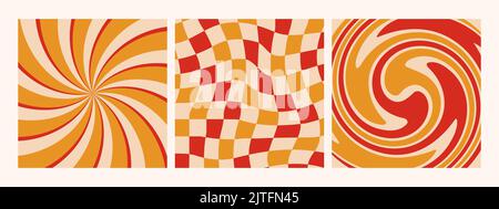 Hippie Retro 70s Hintergrundkollektion. Abstrakte Wellen-, Wirbel-, Wirbel- und karierte Tapeten. Vektorgrafik. Stock Vektor